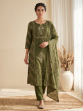 Green Printed Cotton Blend Kurta With Pant & Dupatta