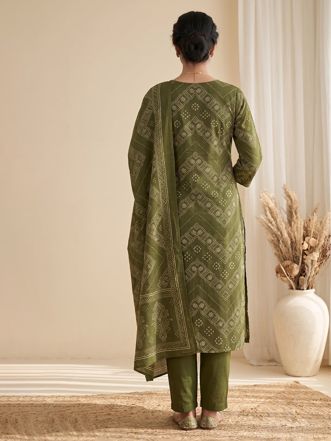 Green Printed Cotton Blend Kurta With Pant & Dupatta