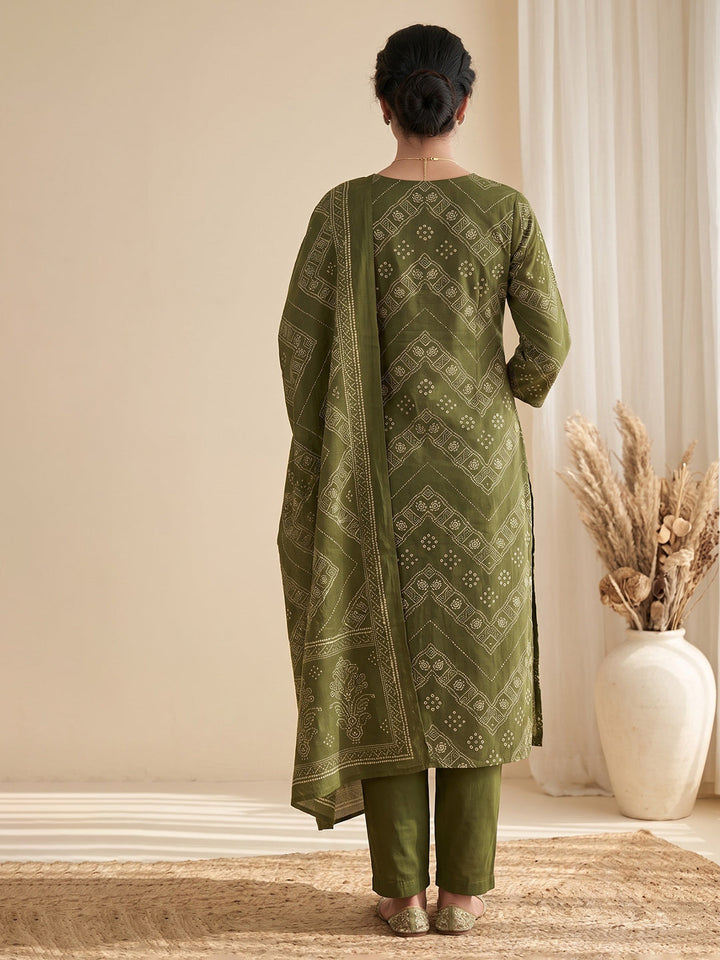 Green Printed Cotton Blend Kurta With Pant &amp; Dupatta