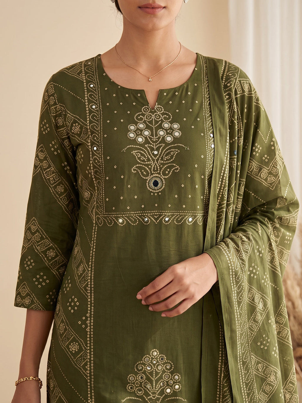 Green Printed Cotton Blend Kurta With Pant & Dupatta
