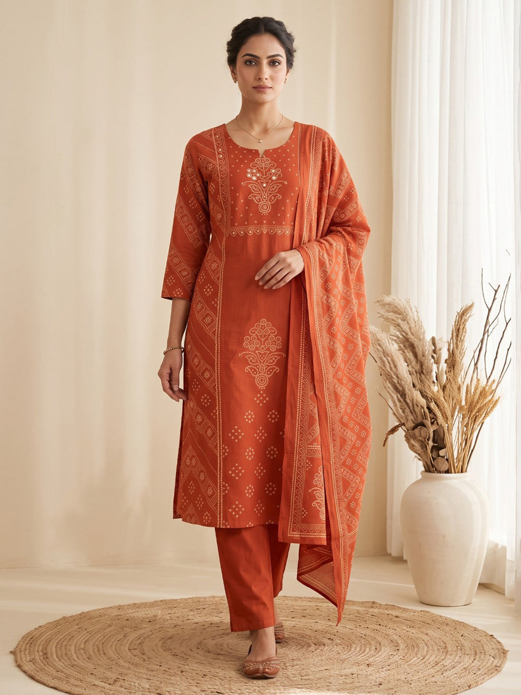 Rust Printed Cotton Blend Kurta With Pant & Dupatta