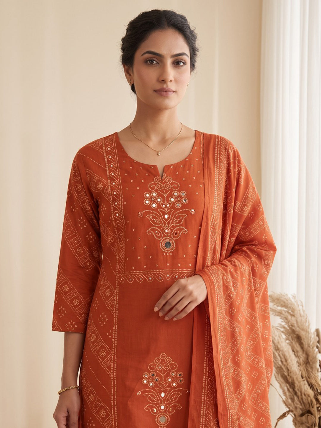 Rust Printed Cotton Blend Kurta With Pant & Dupatta
