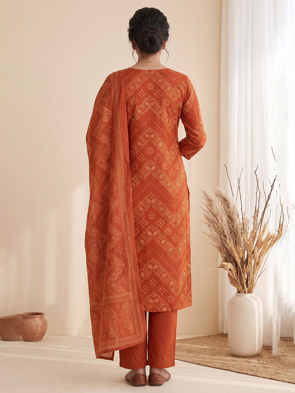 Rust Printed Cotton Blend Kurta With Pant & Dupatta