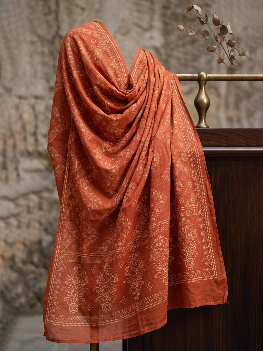 Rust Printed Cotton Blend Kurta With Pant & Dupatta