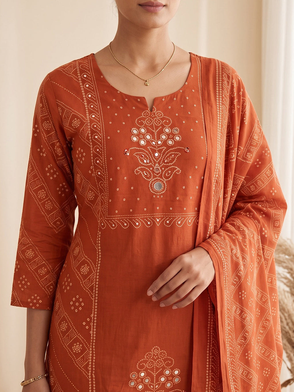 Rust Printed Cotton Blend Kurta With Pant & Dupatta