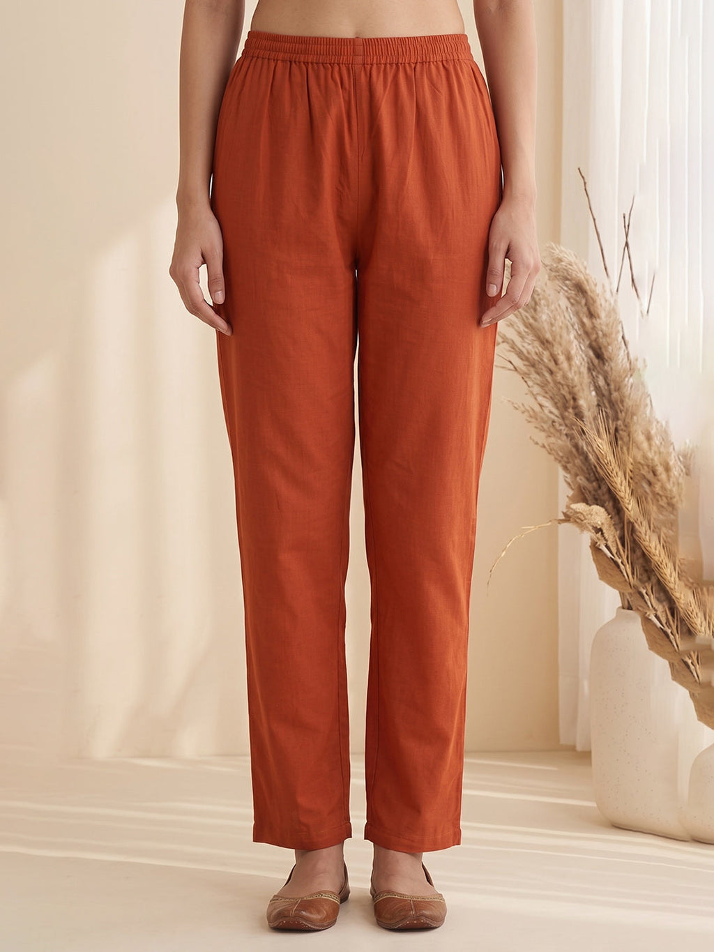 Rust Printed Cotton Blend Kurta With Pant & Dupatta