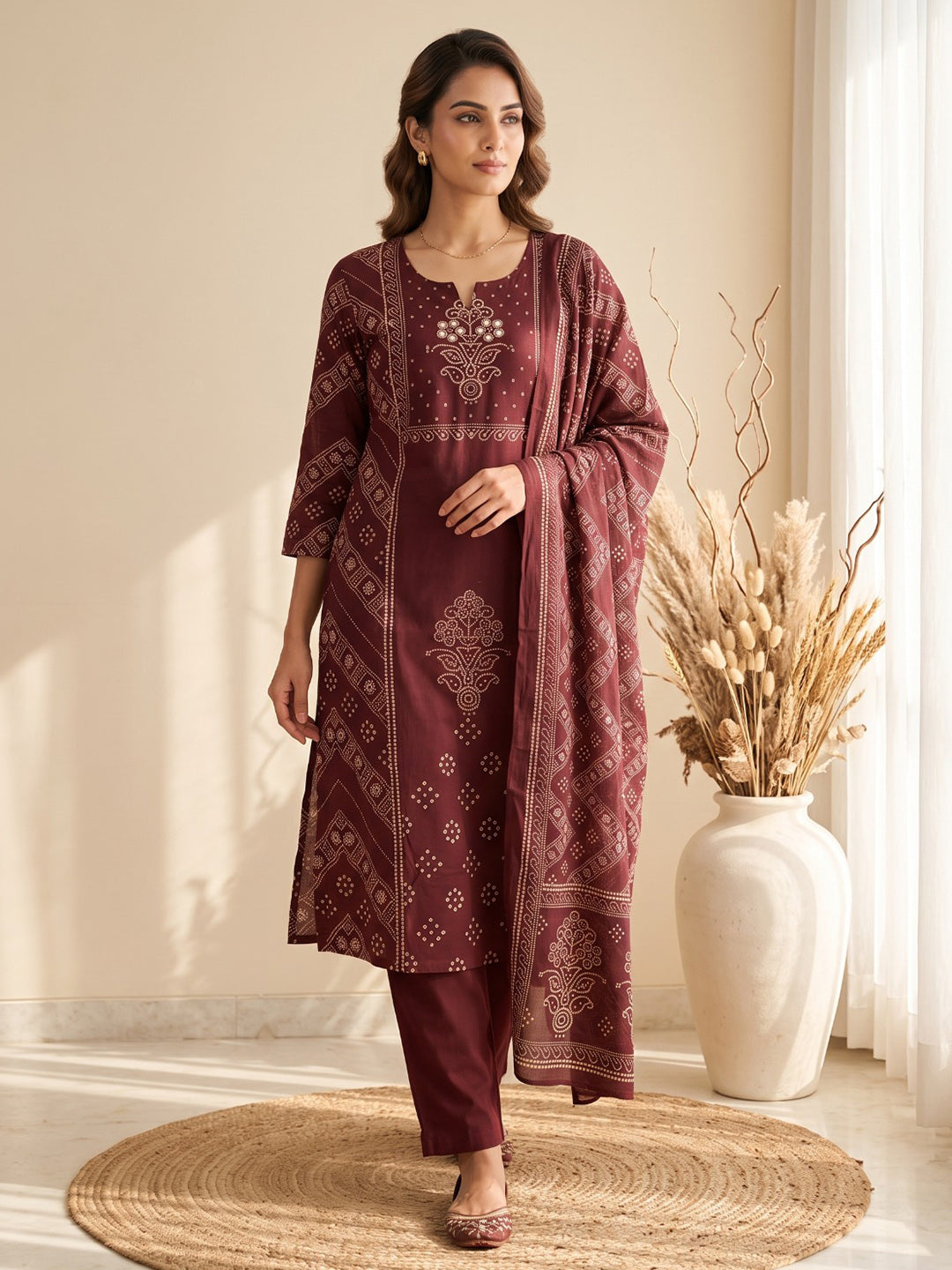 Wine Printed Cotton Blend Kurta With Pant & Dupatta