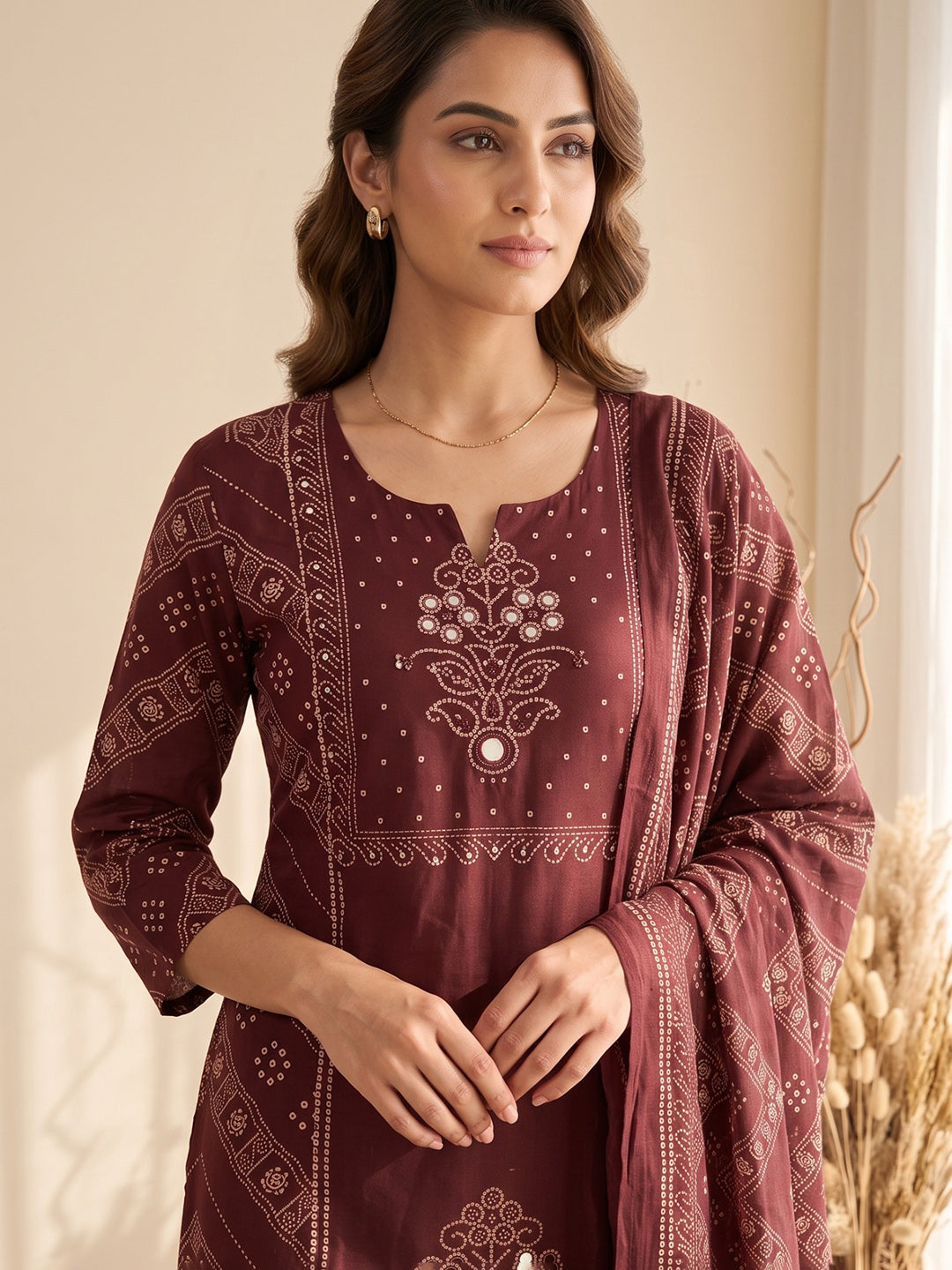 Wine Printed Cotton Blend Kurta With Pant & Dupatta