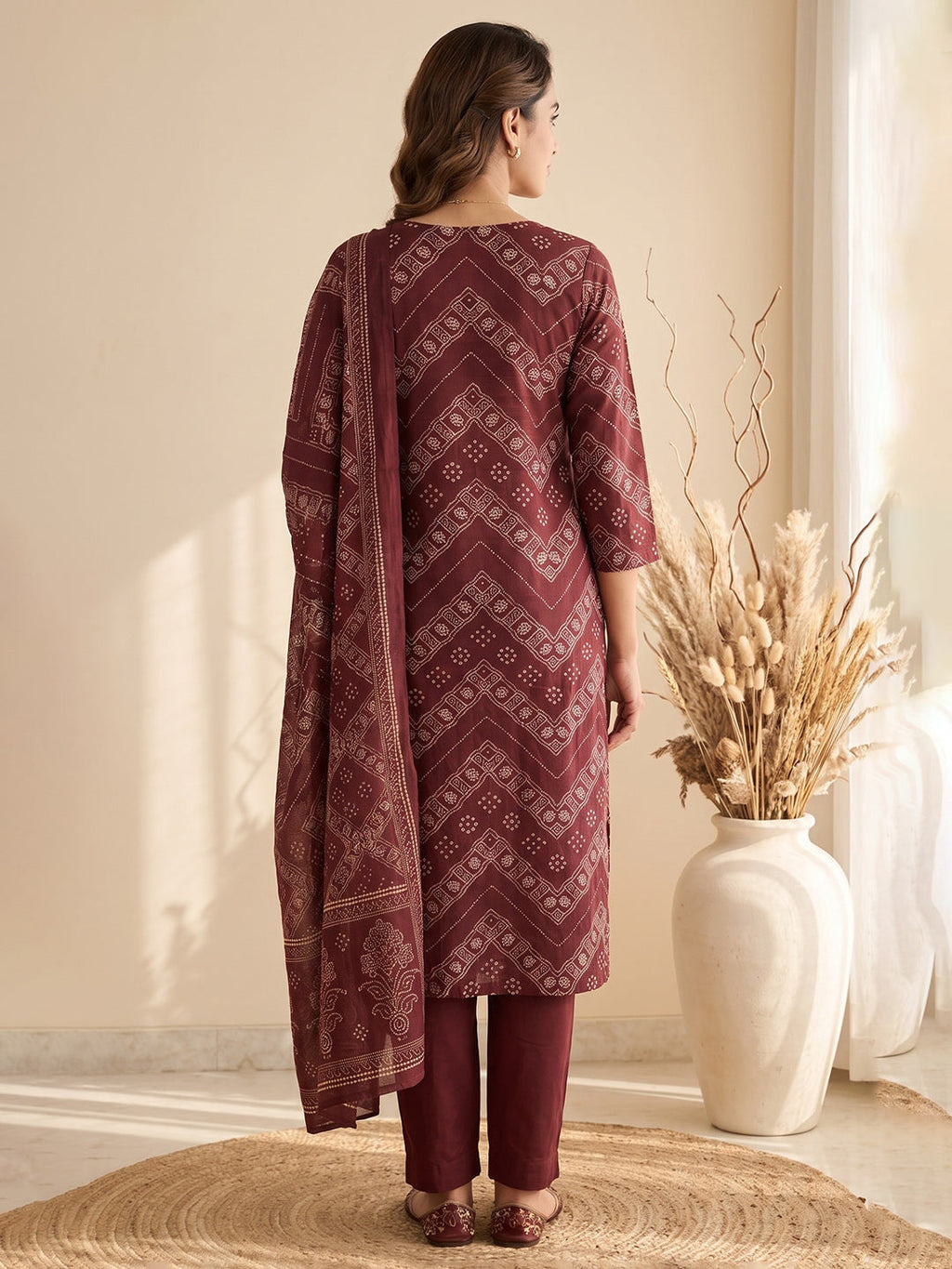Wine Printed Cotton Blend Kurta With Pant & Dupatta