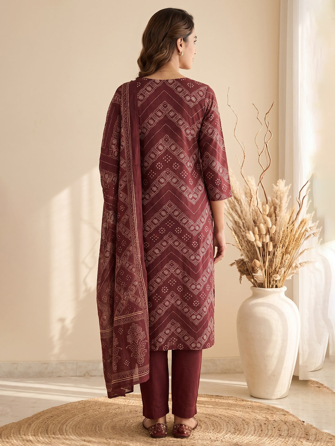 Wine Printed Cotton Blend Kurta With Pant & Dupatta
