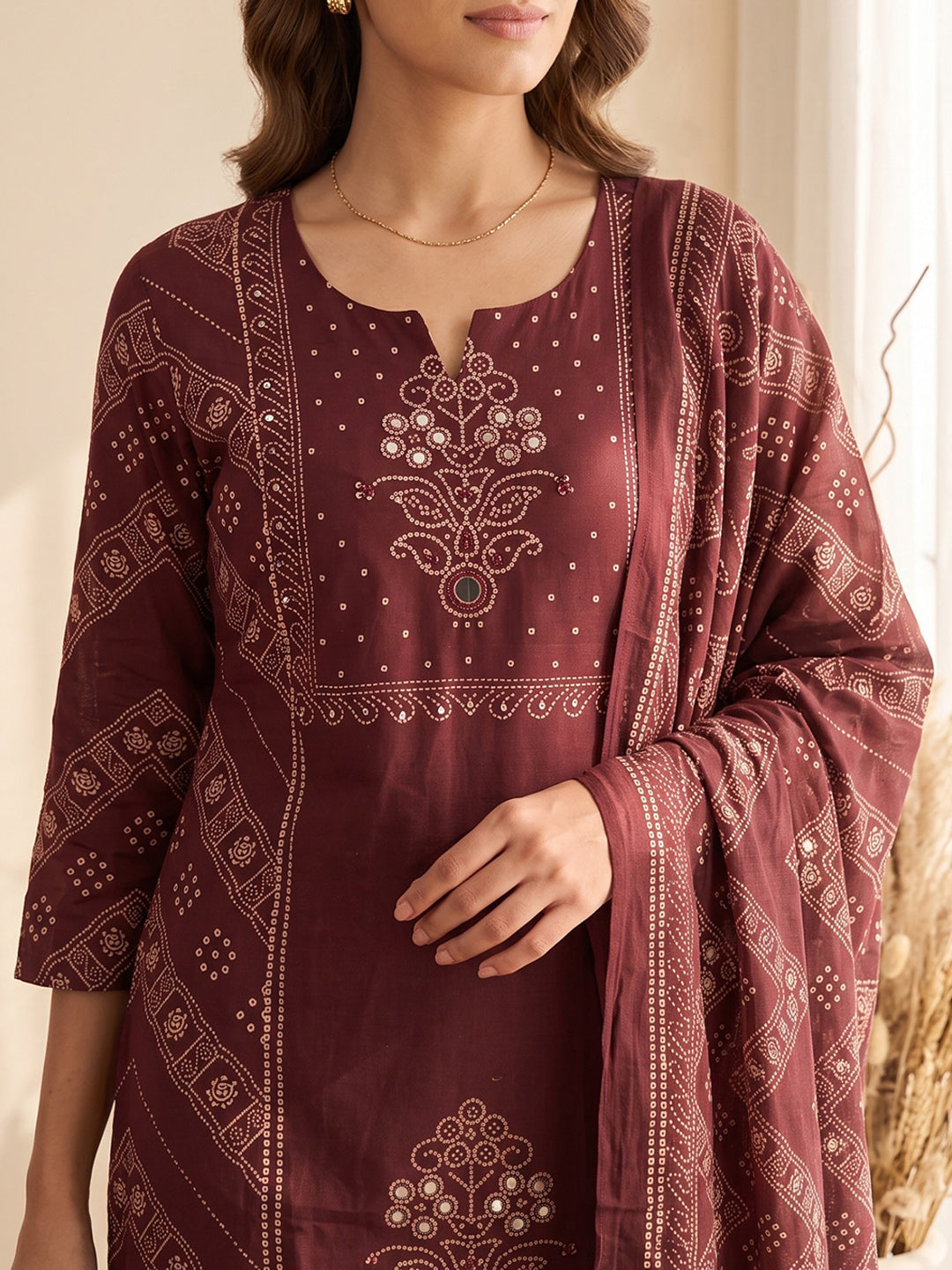 Wine Printed Cotton Blend Kurta With Pant & Dupatta