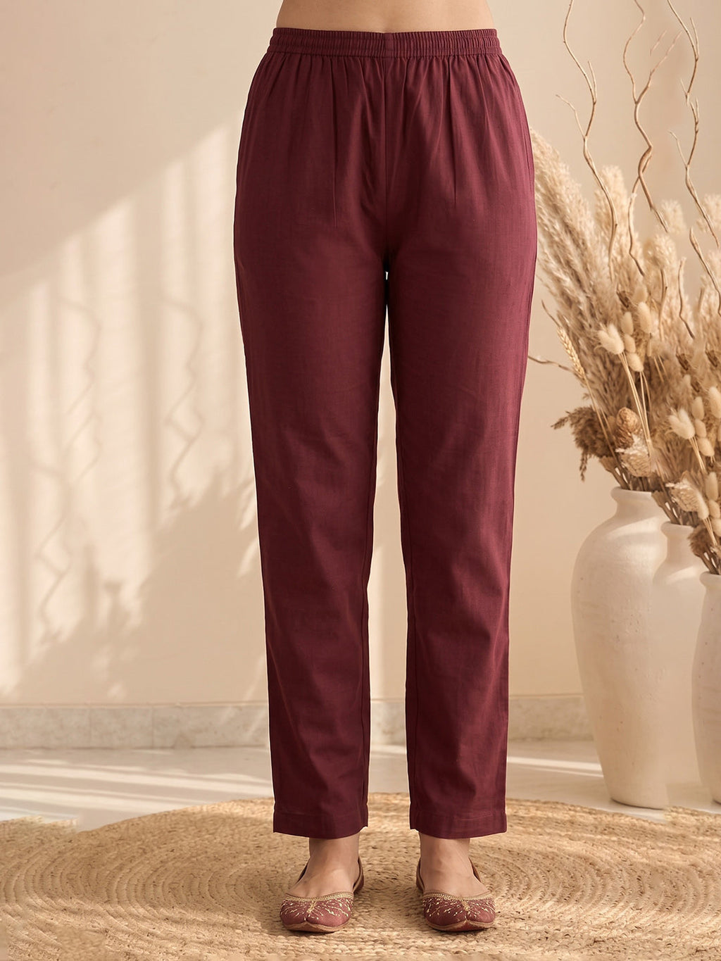 Wine Printed Cotton Blend Kurta With Pant & Dupatta