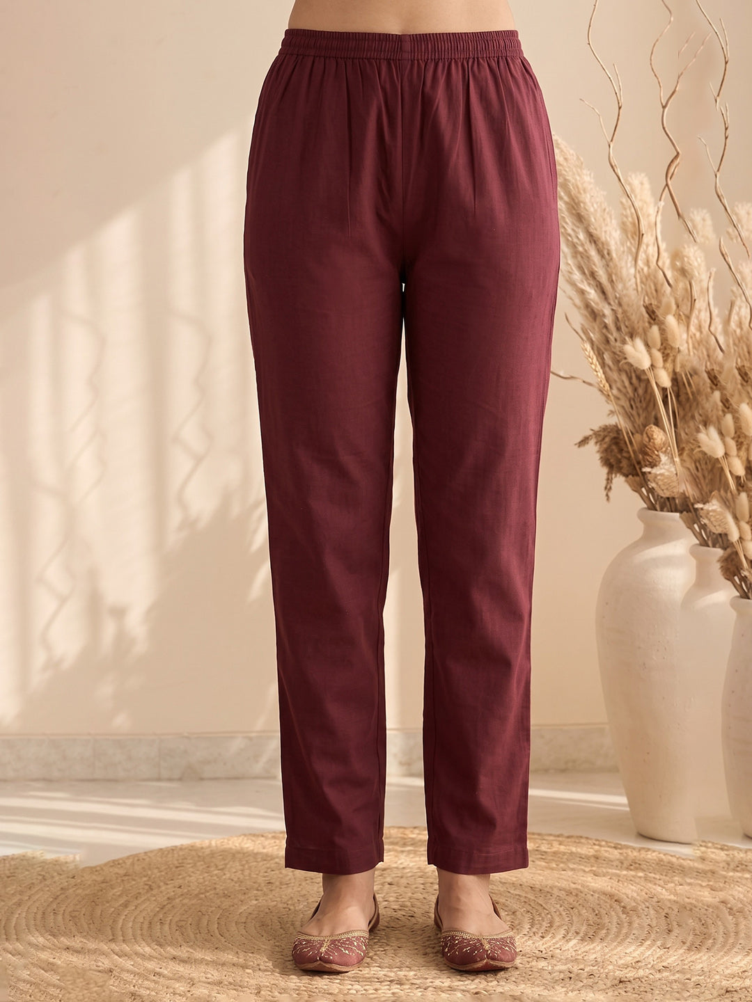 Wine Printed Cotton Blend Kurta With Pant & Dupatta
