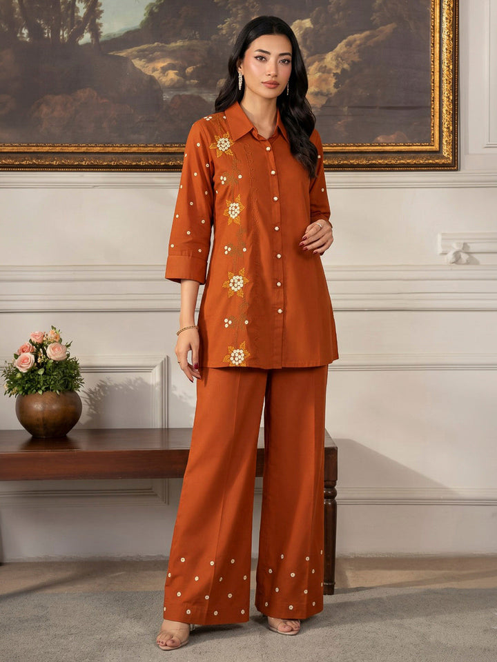 Orange Printed Cotton Blend Kurta Set