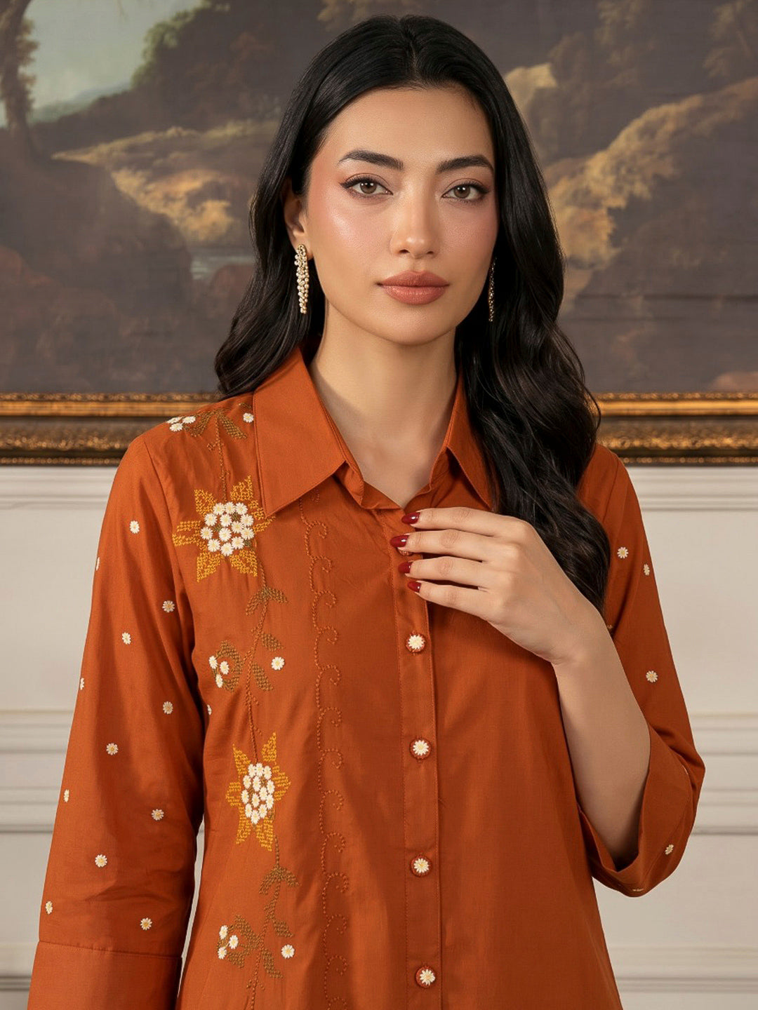 Orange Printed Cotton Blend Kurta Set