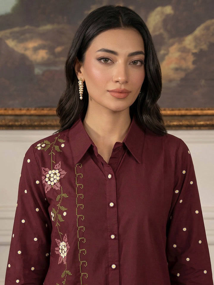 Wine Printed Cotton Blend Kurta Set