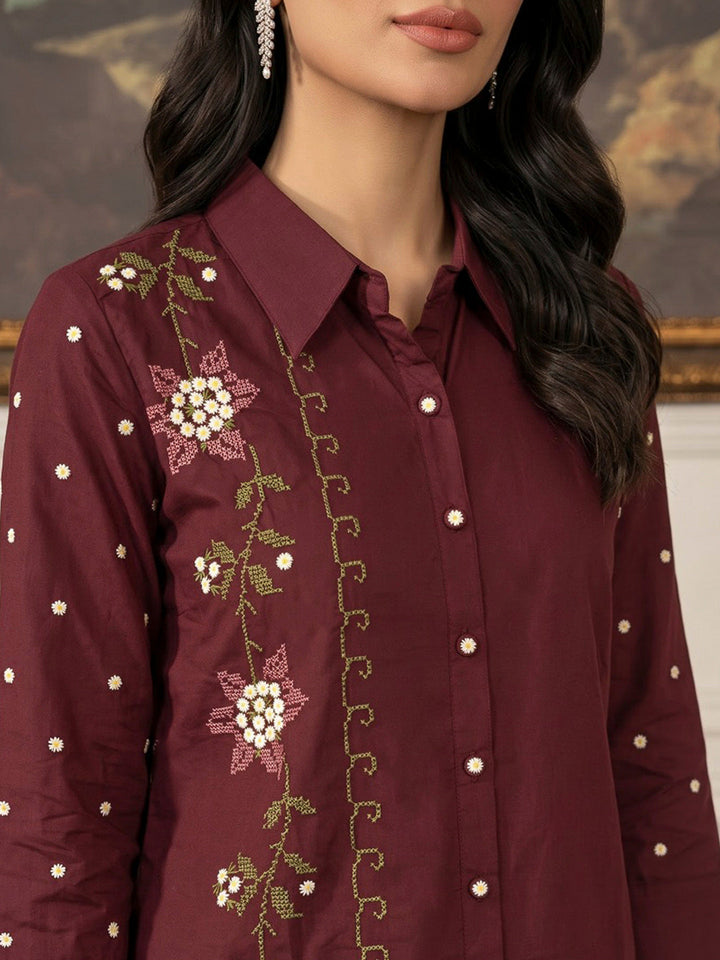 Wine Printed Cotton Blend Kurta Set