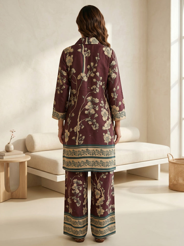 Maroon Printed Cotton Blend V Neck Straight Kurta With Pant