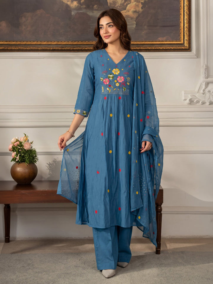 Blue Embroidered Chanderi Kurta With Pant &amp; Dupatta