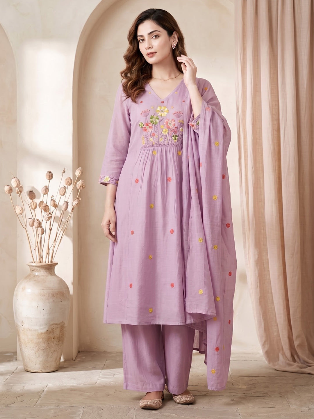 Purple Embroidered Chanderi Kurta With Pant &amp; Dupatta