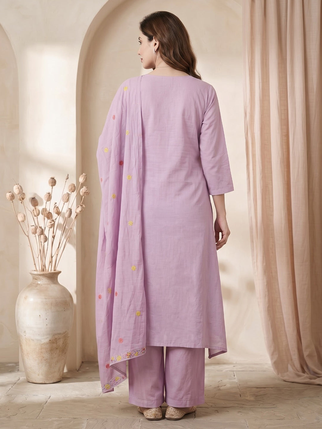 Purple Embroidered Chanderi Kurta With Pant &amp; Dupatta