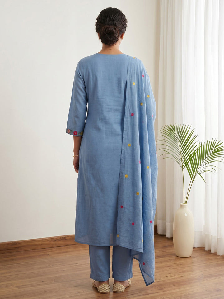 Sky Blue Embroidered Chanderi Kurta With Pant &amp; Dupatta