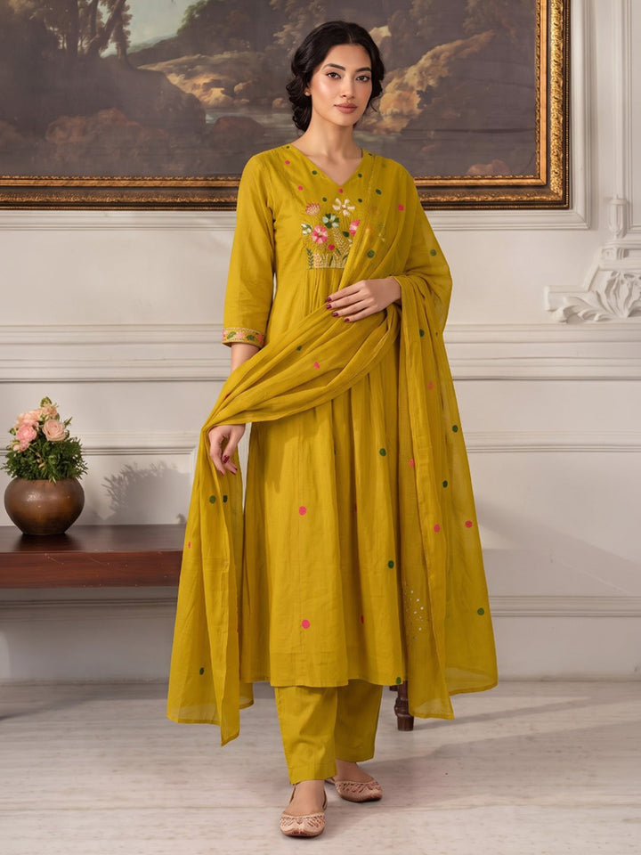 Mustard Embroidered Chanderi Kurta With Pant &amp; Dupatta