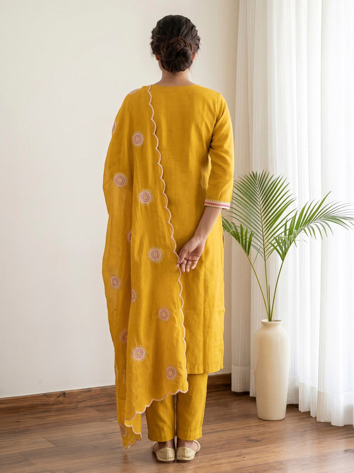 Mustard Printed Chanderi Kurta With Pant &amp; Dupatta