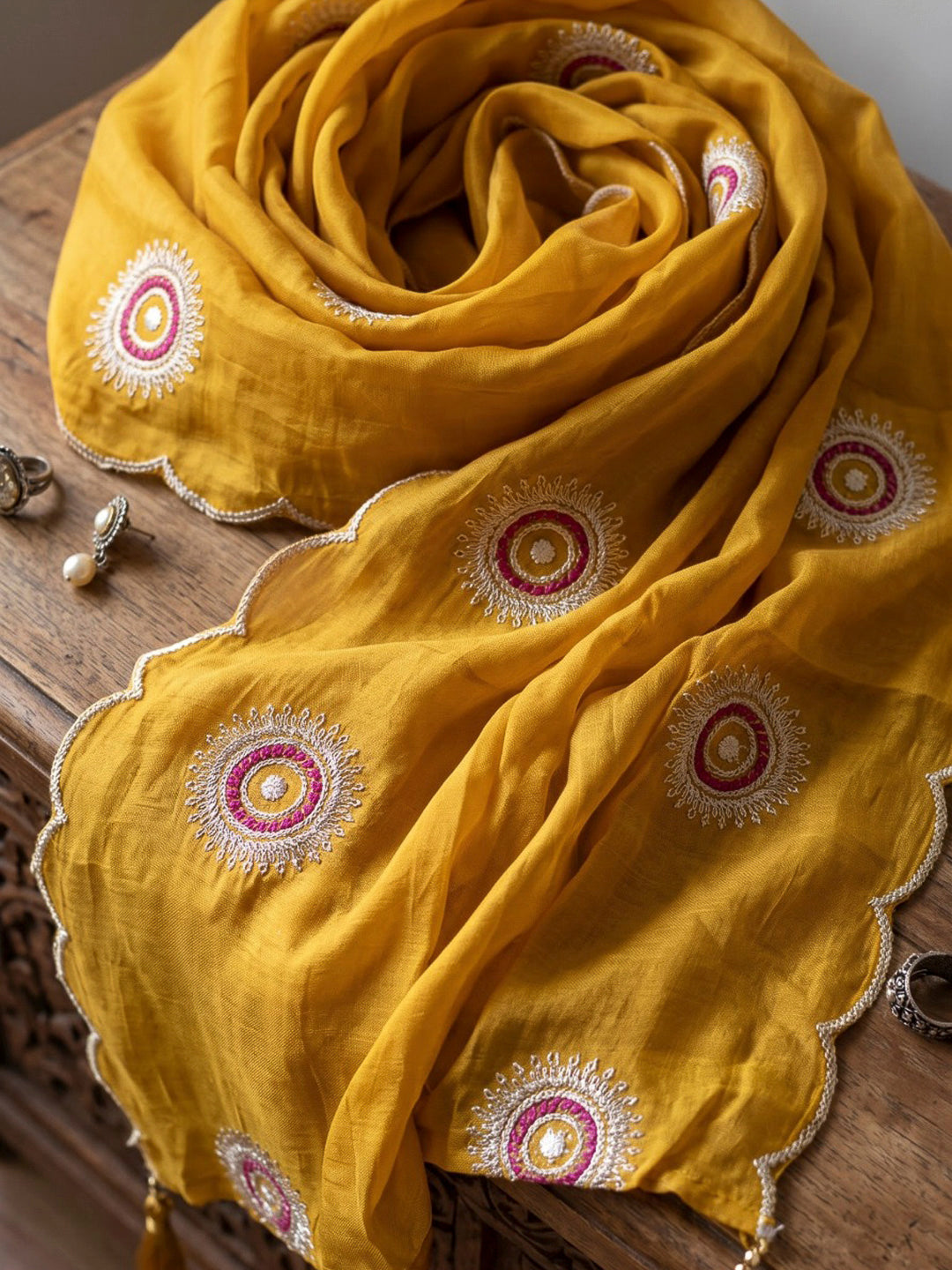 Mustard Printed Chanderi Kurta With Pant &amp; Dupatta