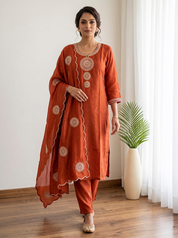 Rust Printed Chanderi Kurta With Pant &amp; Dupatta