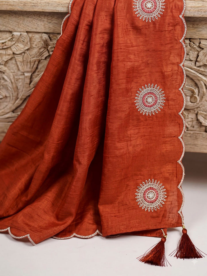 Rust Printed Chanderi Kurta With Pant &amp; Dupatta