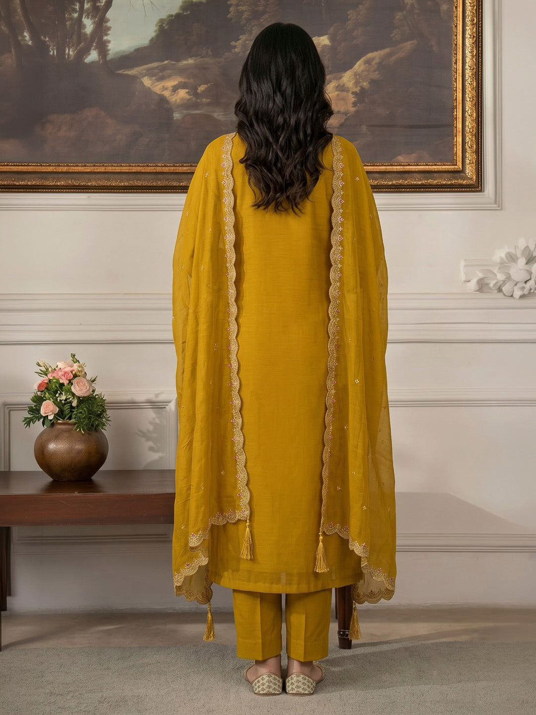 Mustard Printed Chanderi Kurta With Pant &amp; Dupatta