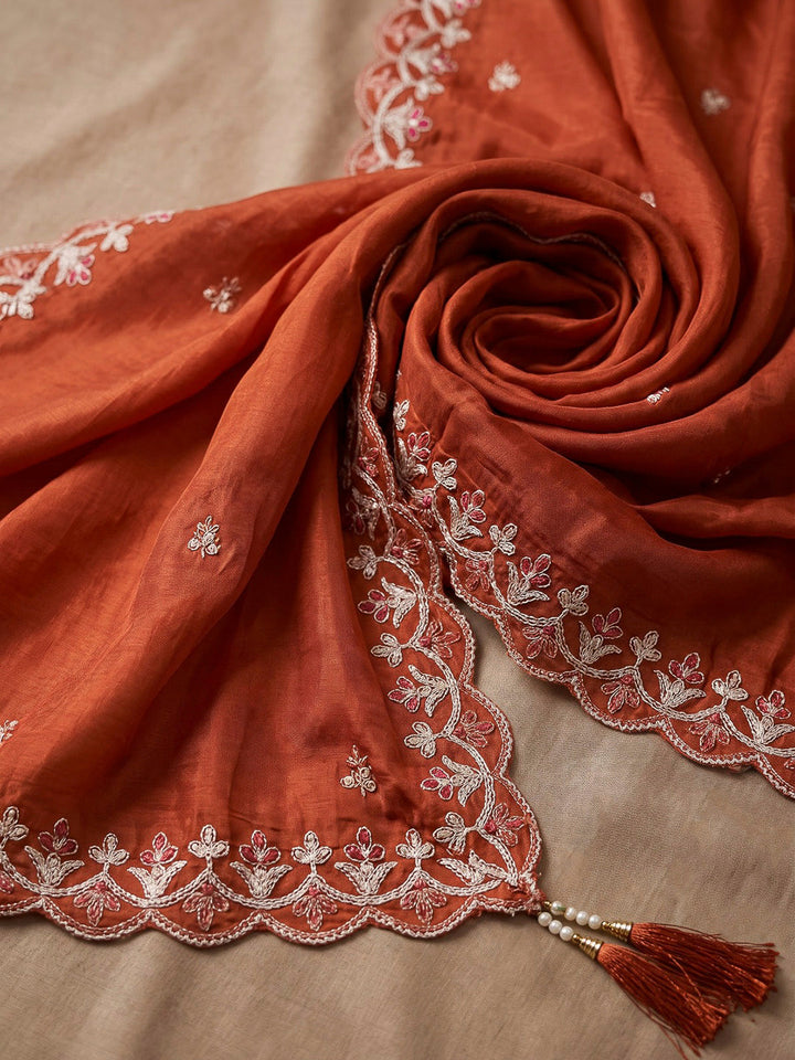 Rust Printed Chanderi Kurta With Pant &amp; Dupatta