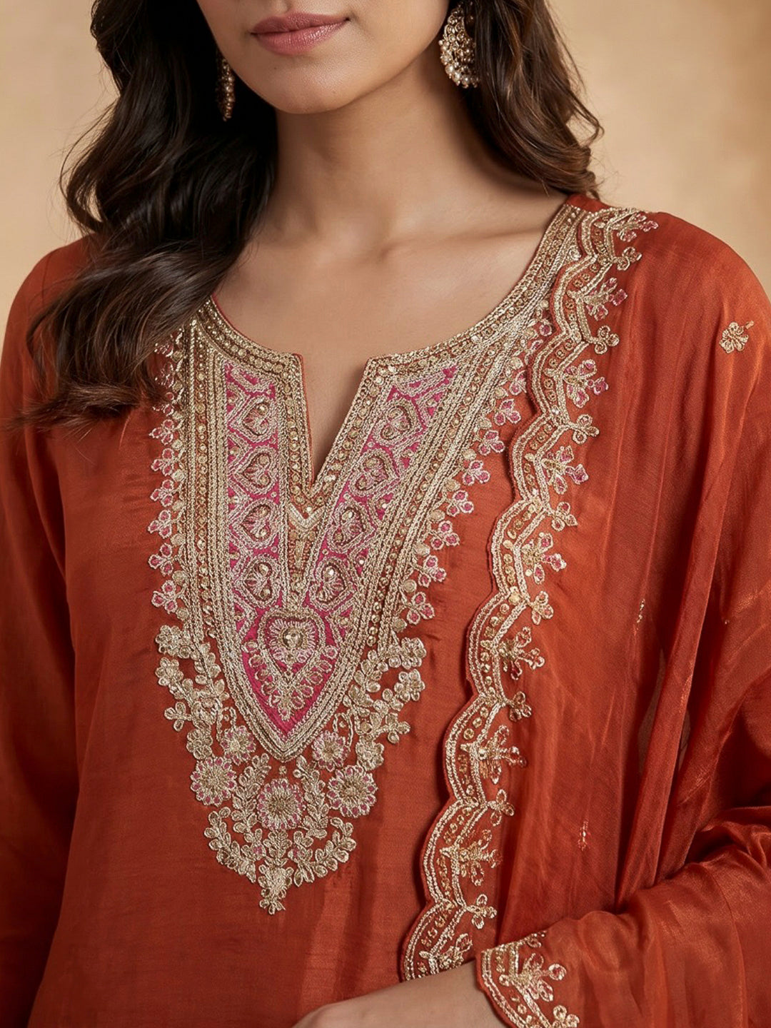 Rust Printed Chanderi Kurta With Pant &amp; Dupatta