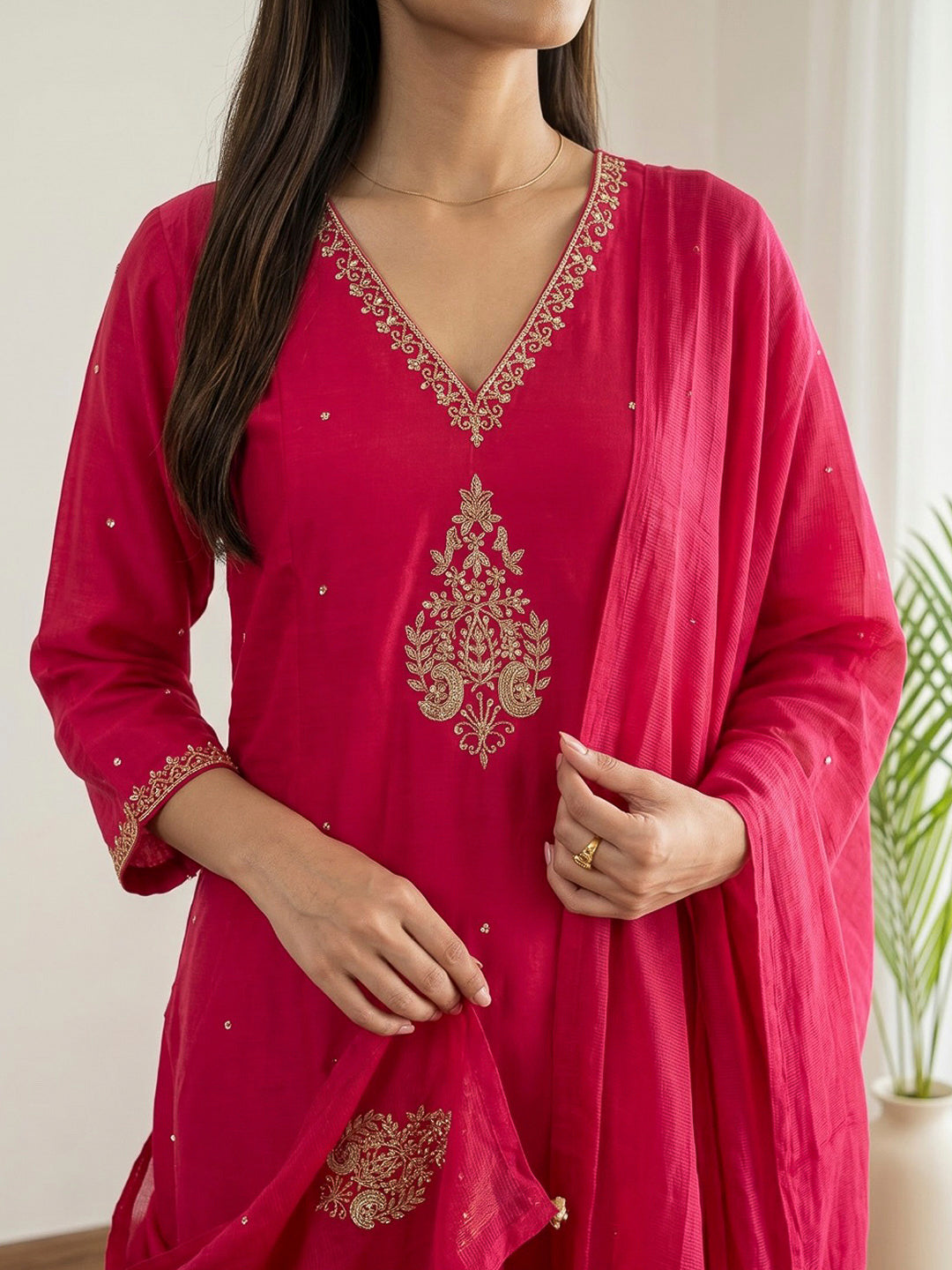 Rani Printed Chanderi Kurta With Pant &amp; Dupatta
