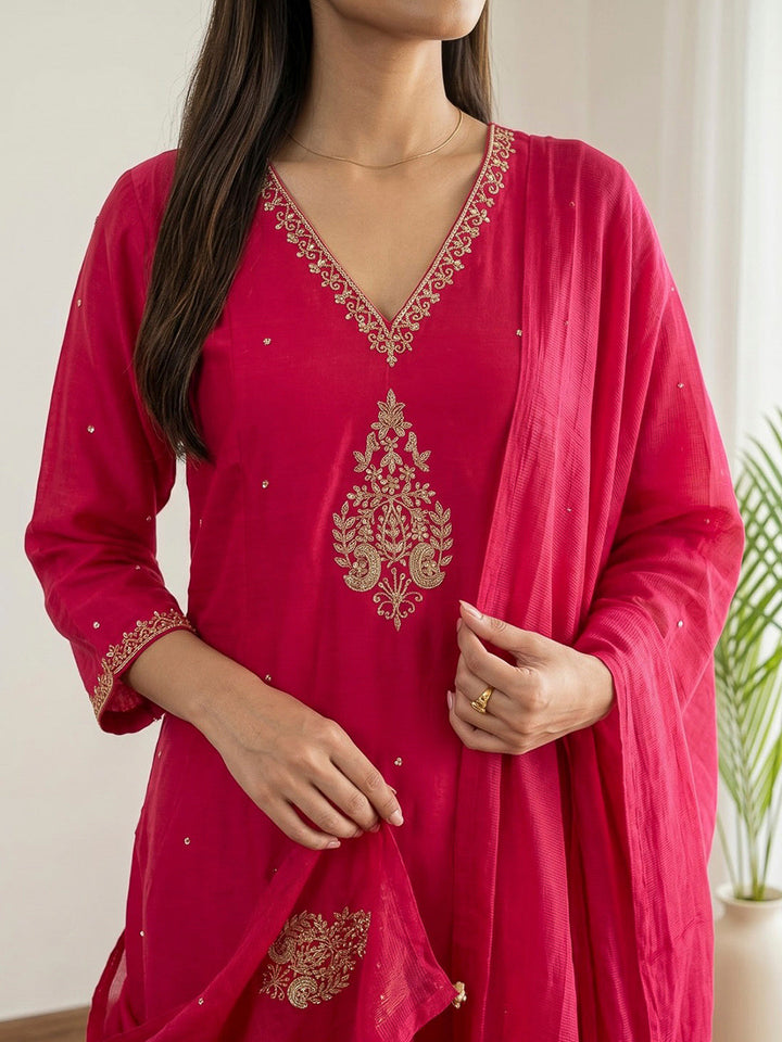 Rani Printed Chanderi Kurta With Pant &amp; Dupatta
