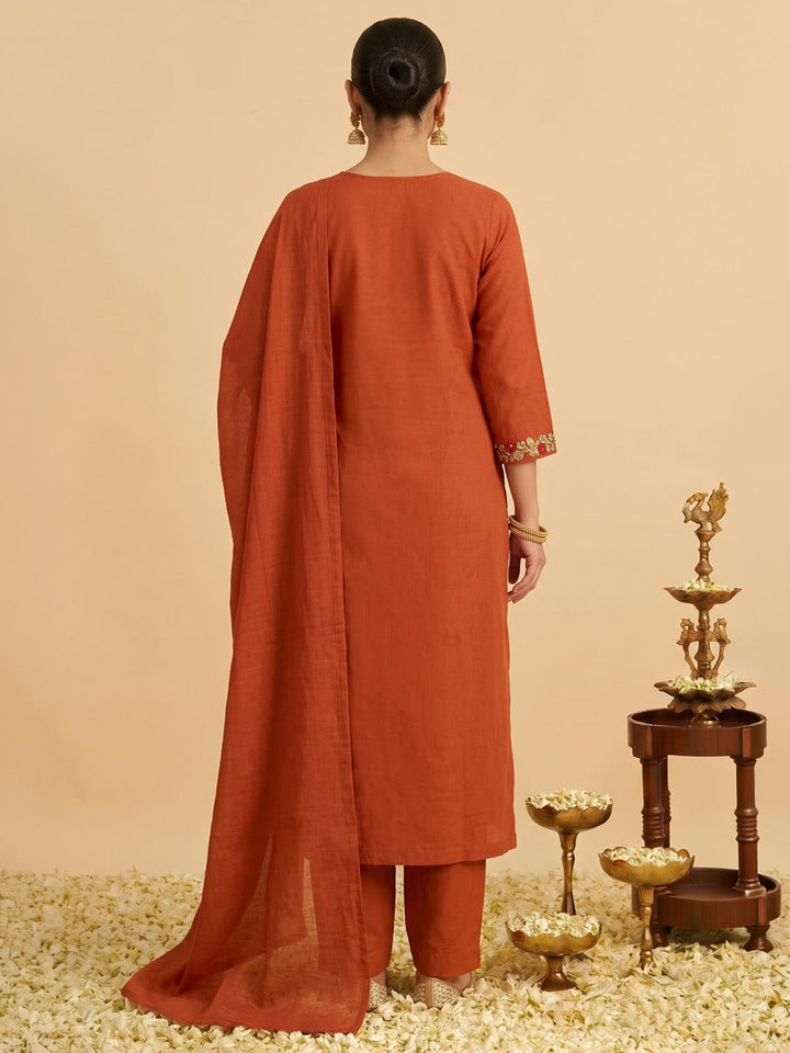 Rust Printed Cotton Blend Kurta With Pant &amp; Dupatta