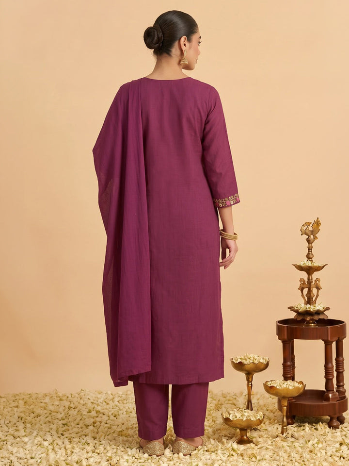 Wine Printed Cotton Blend Kurta With Pant &amp; Dupatta