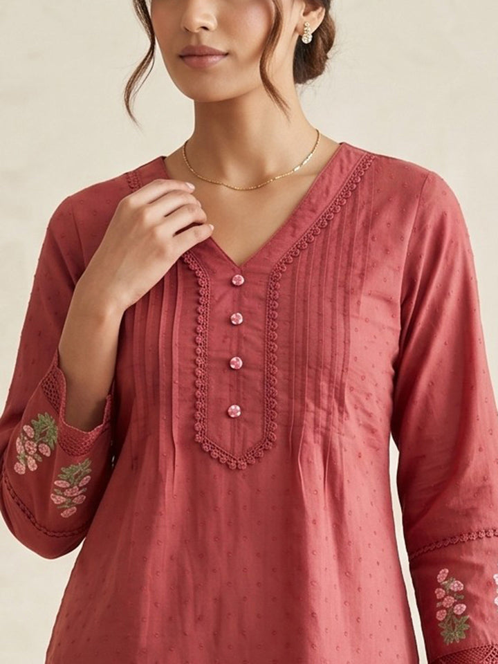 Maroon Embroidered Cotton Blend Round Neck Straight Kurta With Pant