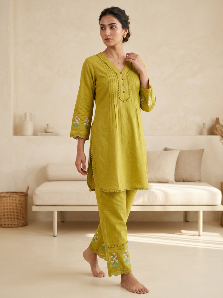 Mustard Embroidered Cotton Blend Round Neck Straight Kurta With Pant