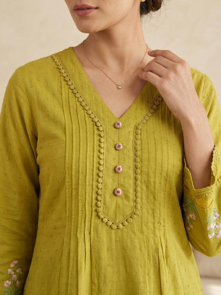 Mustard Embroidered Cotton Blend Round Neck Straight Kurta With Pant