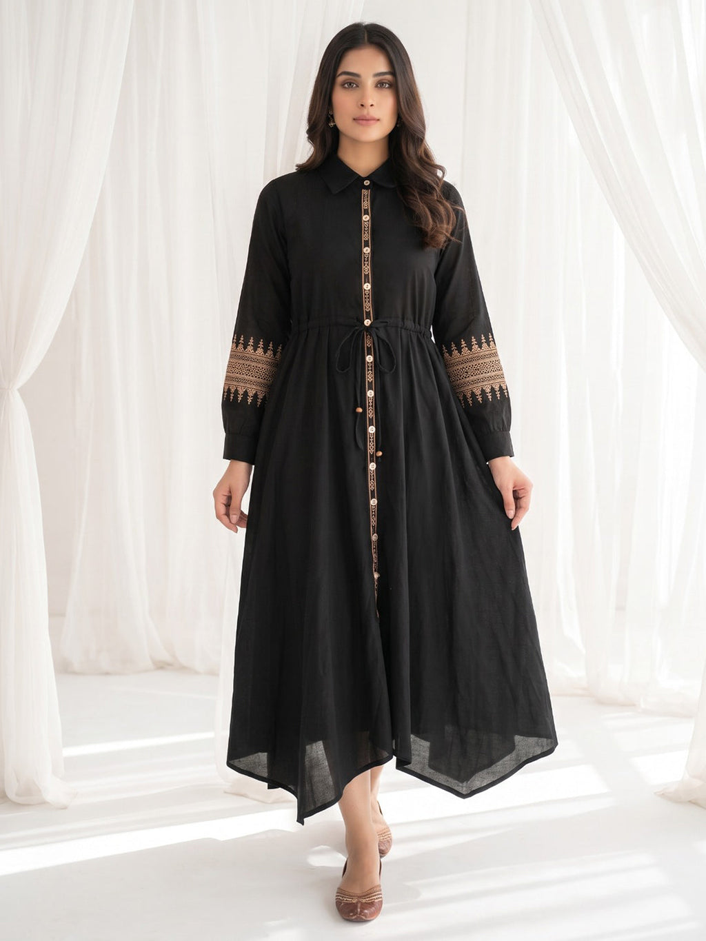 Black Cotton Blend Round Neck Printed Kurta