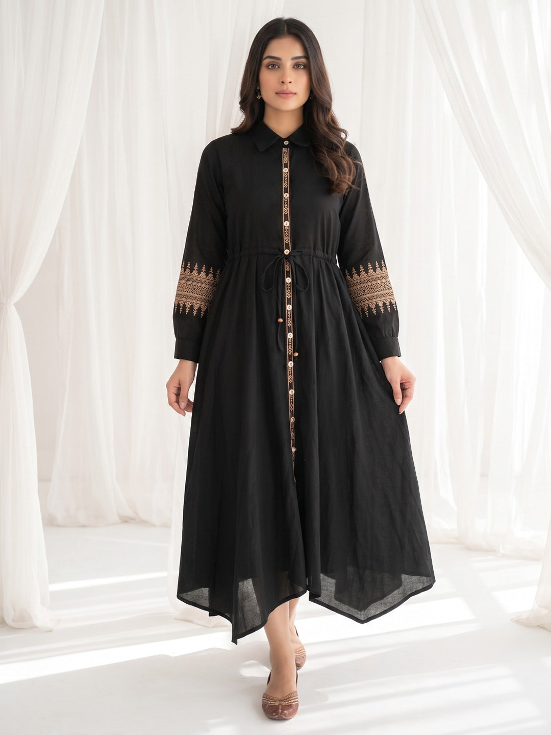 Black Cotton Blend Round Neck Printed Kurta