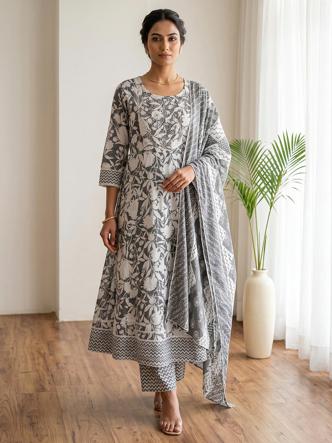 Black Printed Cotton Blend Kurta With Pant &amp; Dupatta