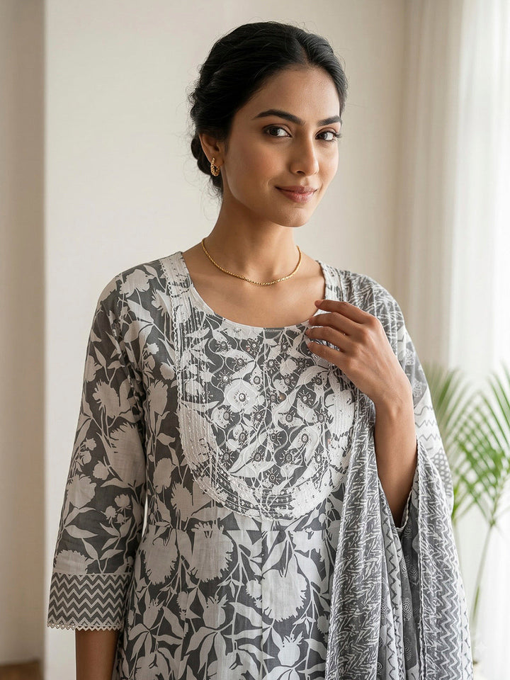 Black Printed Cotton Blend Kurta With Pant &amp; Dupatta