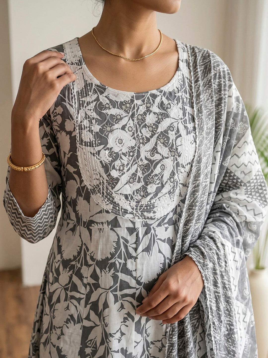 Black Printed Cotton Blend Kurta With Pant &amp; Dupatta