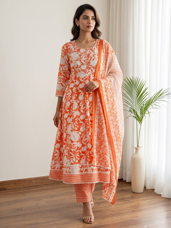 Orange Printed Cotton Blend Kurta With Pant &amp; Dupatta