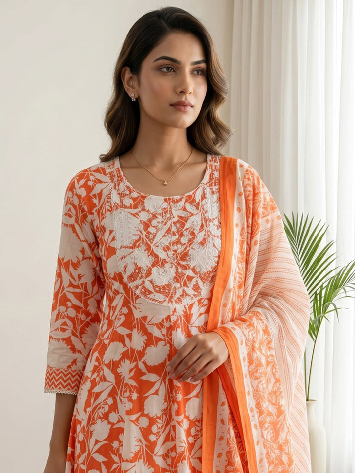 Orange Printed Cotton Blend Kurta With Pant &amp; Dupatta