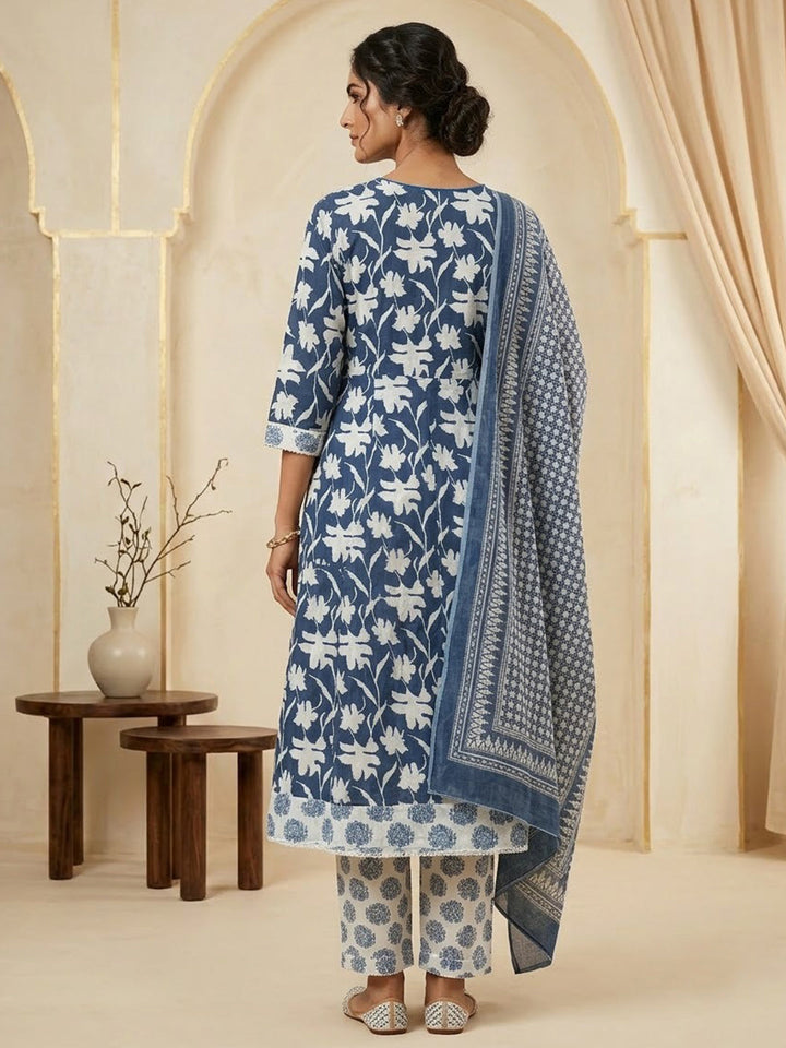 Blue Printed Cotton Blend Kurta With Pant &amp; Dupatta