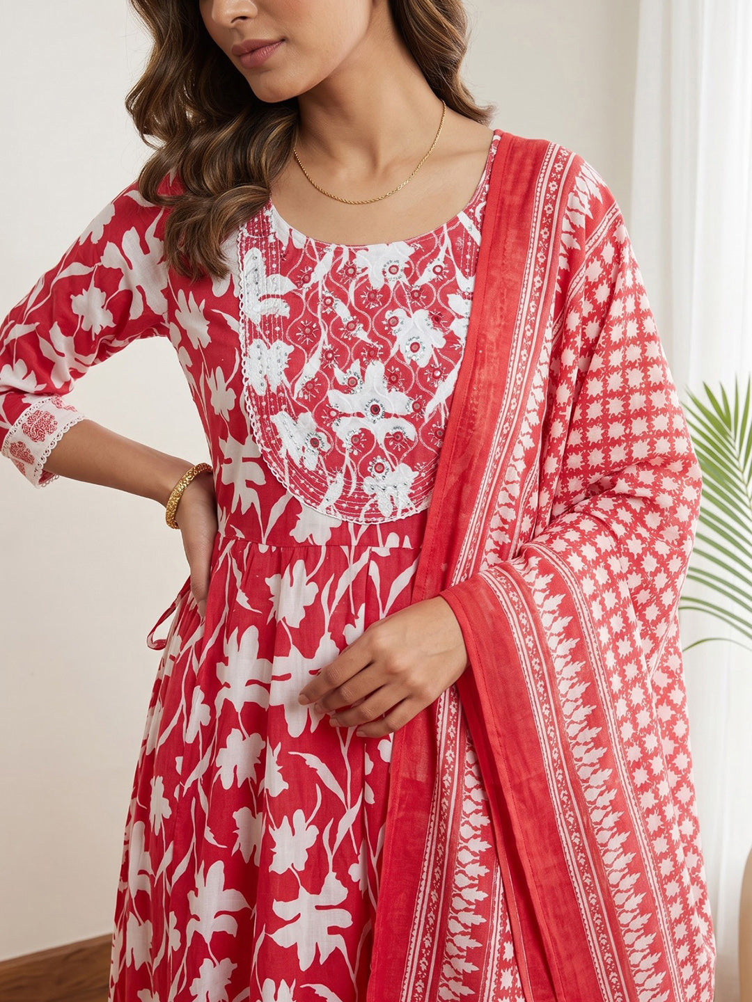 Red Printed Cotton Blend Kurta With Pant &amp; Dupatta